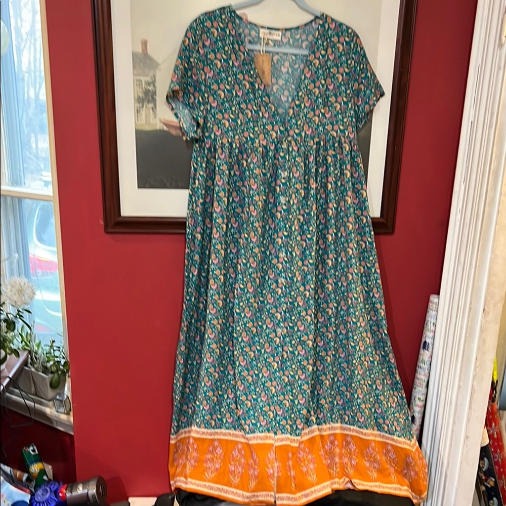 NATURAL LIFE Green and Gold Ruffled Maxi Sundress